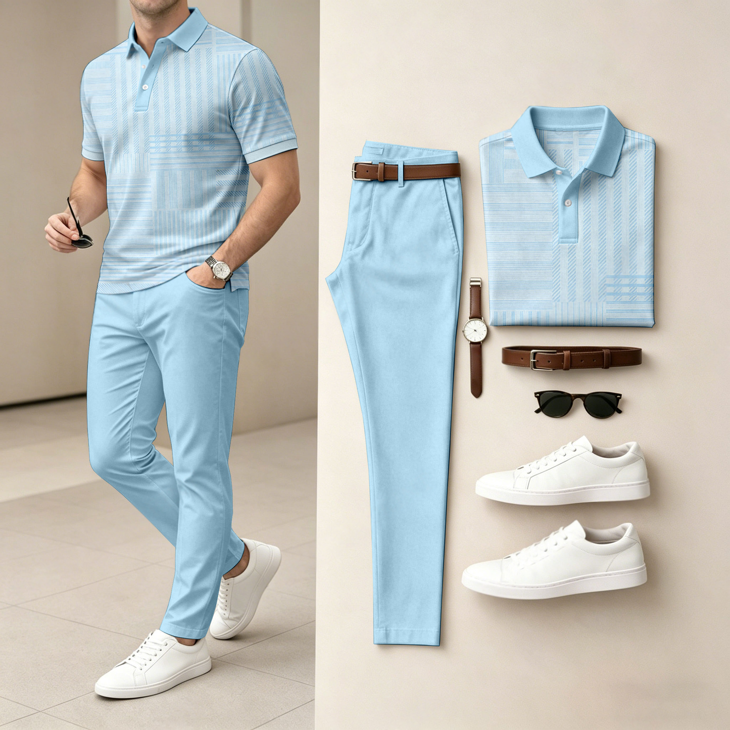 Men's Casual Striped Printed Short-Sleeve Polo Shirt And Pants Set (Excludes Accessories Such As Watches And Belts)