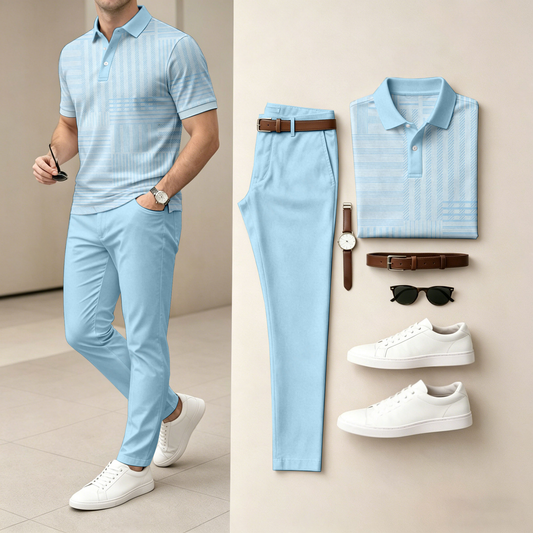 Men's Casual Striped Printed Short-Sleeve Polo Shirt And Pants Set (Excludes Accessories Such As Watches And Belts)
