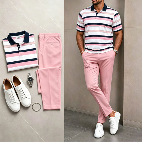 Men's Casual Pink & White Stripes Printed Polo Shirt And Pants Two-Piece Set