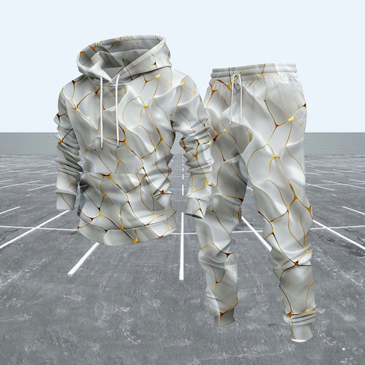 Men's Casual White & Gold Geometric Pattern Hoodies Long-Sleeve Sweatshirts & Sweatpants Two-Piece Set