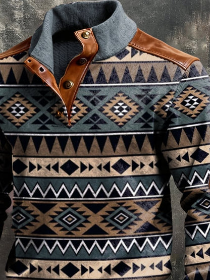 Men's Retro Fleece Warm Patchwork Comfortable Color-Blocked Henry Sweatshirt