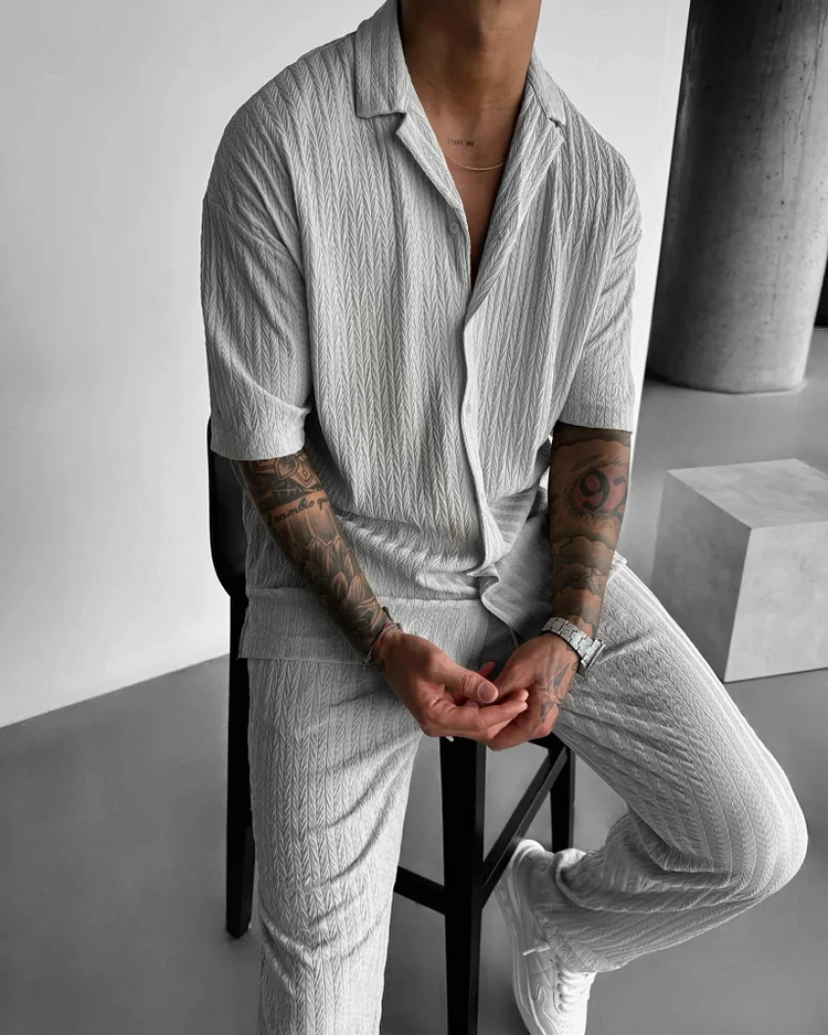Men's White Textured Short Sleeve Shirt Casual Two-piece Set 005