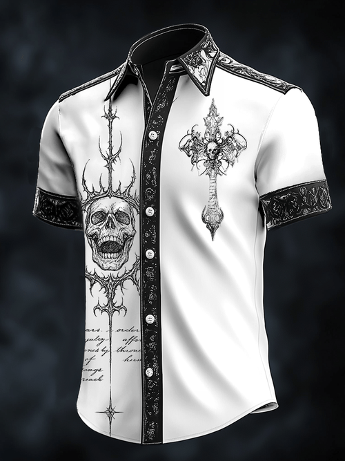 Men's Dark Skull Print Satin Short Sleeve Shirt