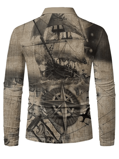 Men's Vintage Nautical Chart Print Long Sleeve Polo Shirt