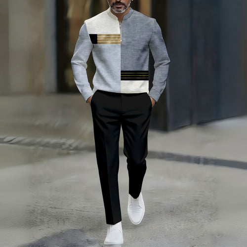 Men's Casual Gray & Gold Color Matching Asymmetric Striped Printed Round-Neck Zipper Long Sleeved Trousers Two-Piece Set