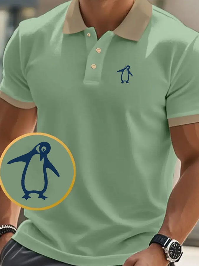 Men's classic casual polo shirt with penguin print