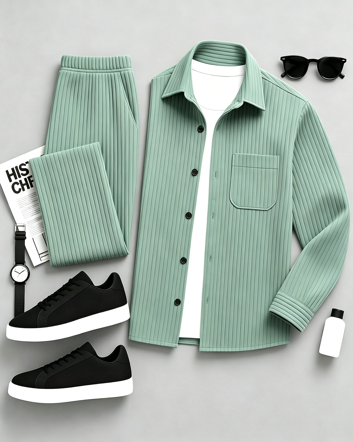 Men's Long-Sleeve Shirt and Pants Set with Subtle Patterns