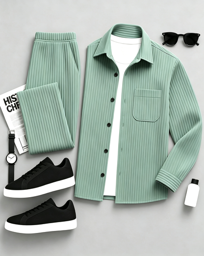 Men's Long-Sleeve Shirt and Pants Set with Subtle Patterns
