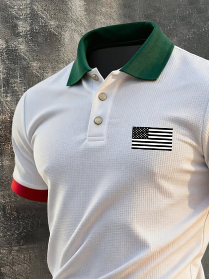Men'S Retro "Patriot" Color-Block Waffle-Knit Short-Sleeve Polo Shirt