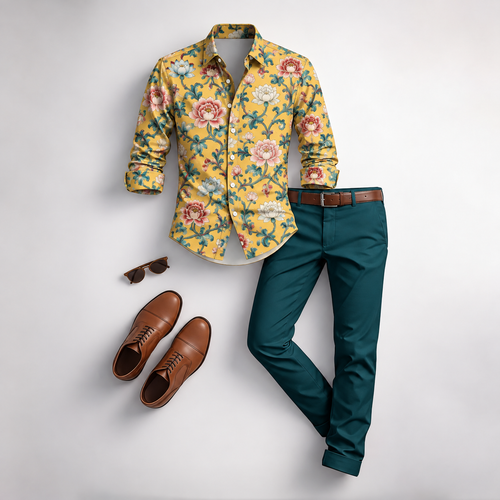 Men's Vintage Floral Print Long-Sleeve Shirt and Pants Set