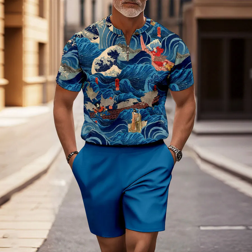 Men's Casual Sapphire Blue Waves Half-Zip Short-Sleeved Shirt And Shorts Two-Piece Set
