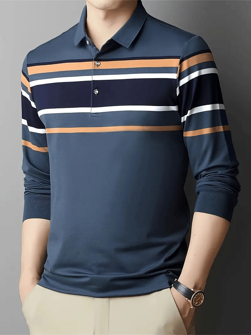 Men's Business Casual Striped Button-Down Polo