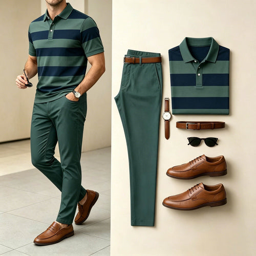 Men's Casual Horizontal Wide Stripe Color Block Polo Shirt And Pants Two-Piece Set