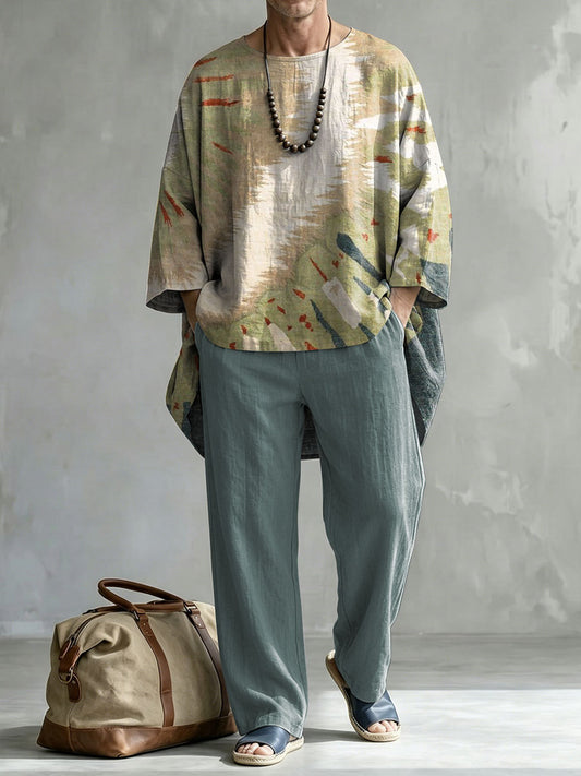 Men's Abstract Color Print Casual Round Neck Short-sleeve Linen Top Shorts Two-piece