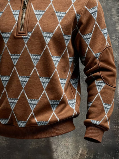 Men's Retro Color Block Print Color-Blocked Zip-Up Sweatshirt