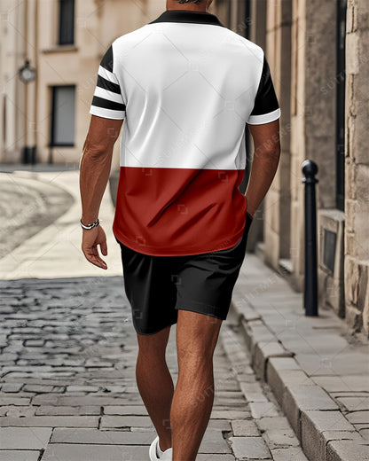 Men's Color Blocked Summer Polo Shorts Set 018