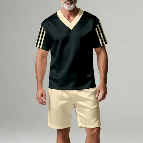 Men's Casual Dark Green Geometric Print V-Neck Short-Sleeve T-Shirt And Shorts Two-Piece Set