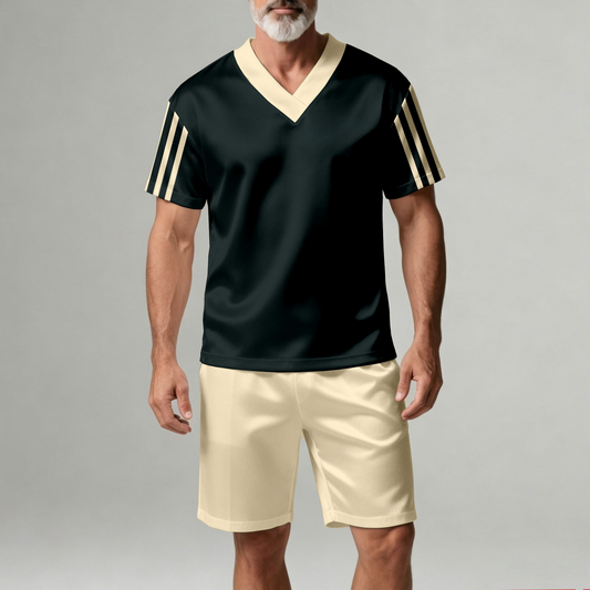 Men's Casual Dark Green Geometric Print V-Neck Short-Sleeve T-Shirt And Shorts Two-Piece Set