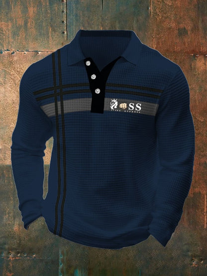 Men's Retro Lettering Design Waffle Fabric Long Sleeve Polo Shirt
