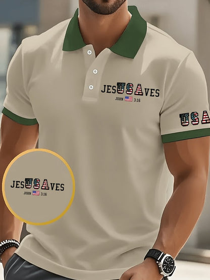 Men's Vintage USA Jesus Saves Printed POLO Shirt
