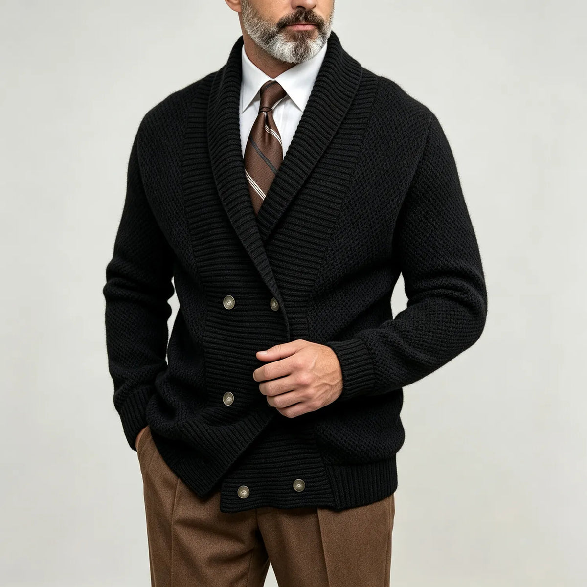 Men's Solid Color Ribbed Shawl Collar Double-Breasted Business Casual Knitted Cardigan
