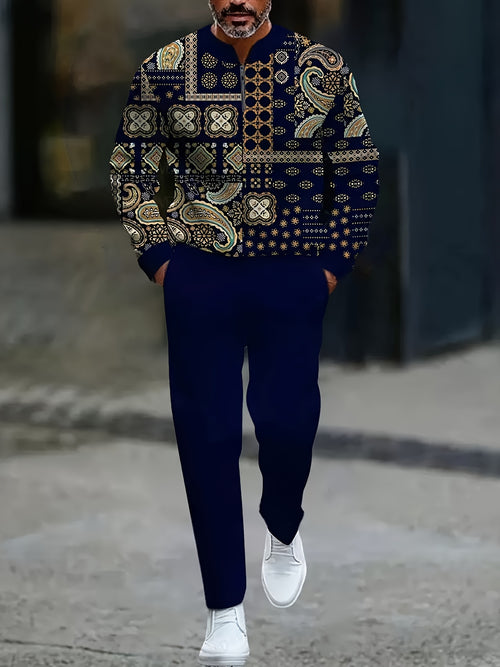 Men's Casual Navy Blue Color Matching Retro Printed Round-Neck Zipper Long Sleeved Sweatshirt & Trousers Two-Piece Set