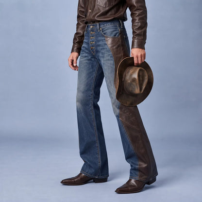 Men's Vintage Denim PU Leather Patchwork Single Breasted Bell Bottom Pants