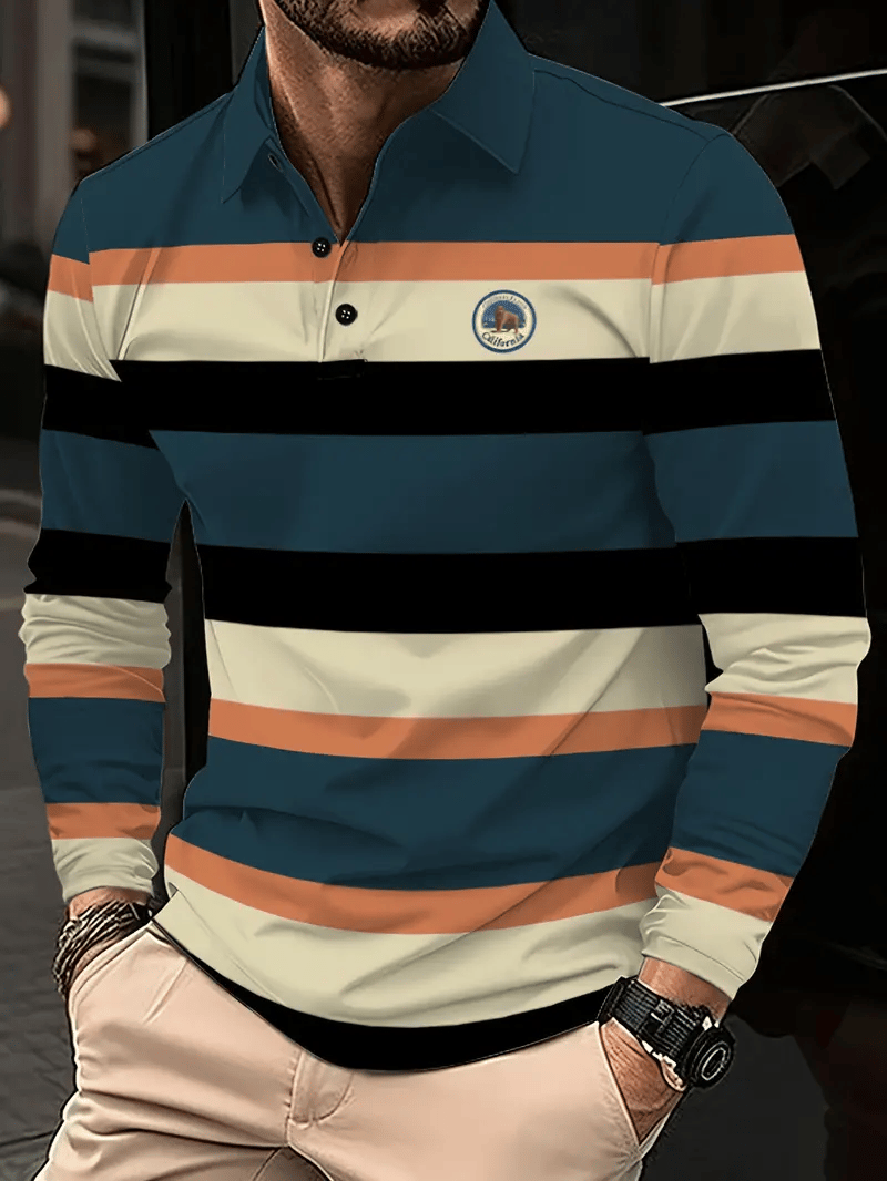 Men's Business Casual Striped Long-Sleeved Polo Shirt
