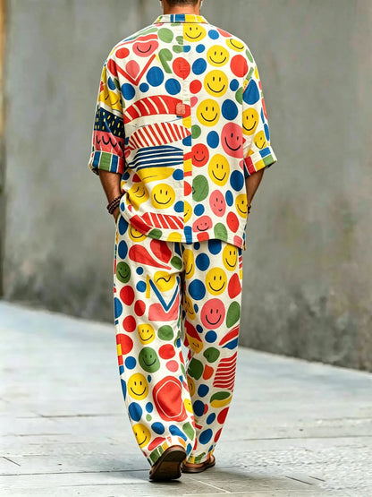 Men's Vintage Abstract Art Printed Cotton Shirt Set (Top & Pants)