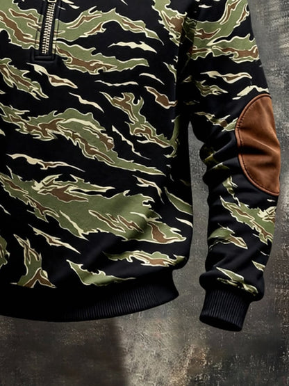 Men's Retro Color Block Print Color-Blocked Zip-Up Sweatshirt