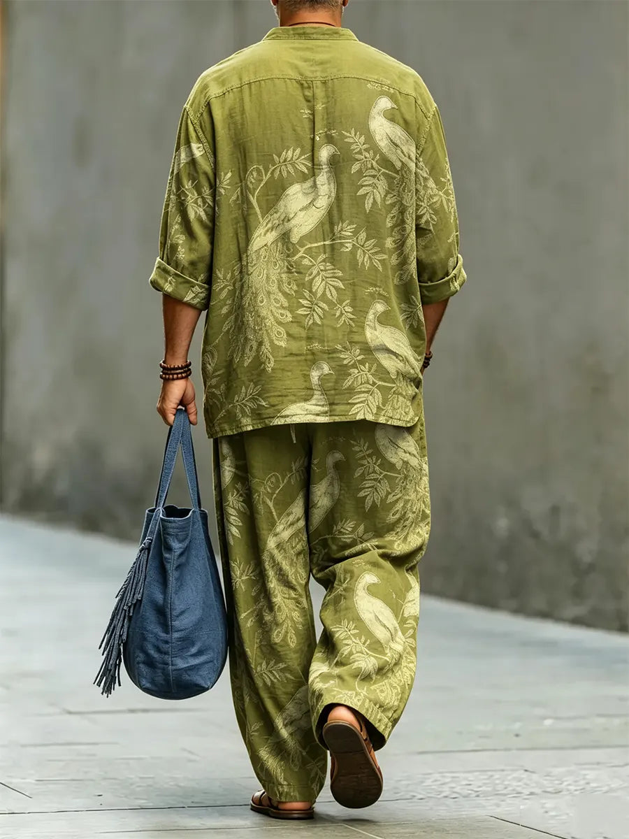 Men's Retro Abstract Print Cotton Shirt Set
