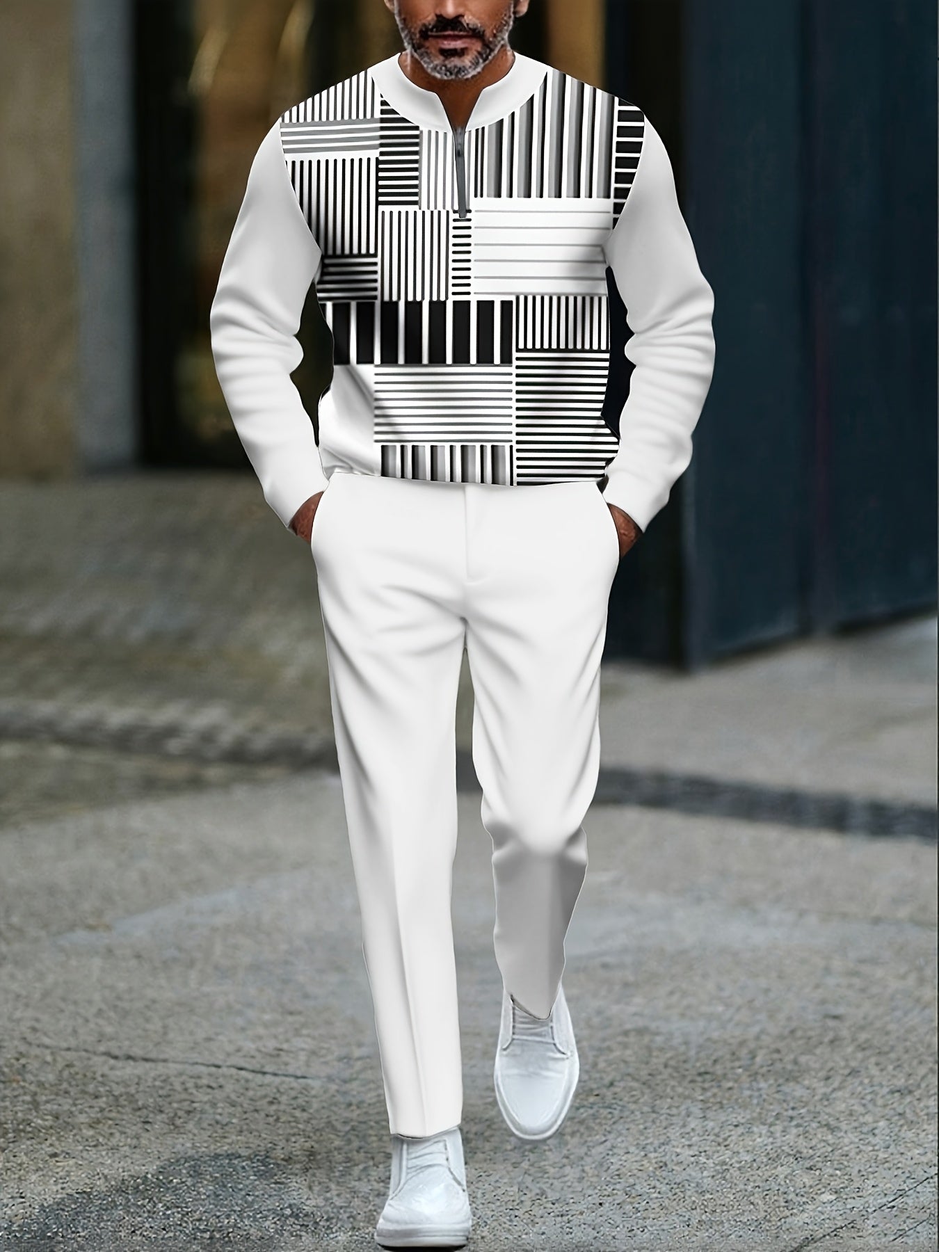 Men's Casual Black And White Color Matching Striped Printed Round-Neck Zipper Long Sleeved Trousers Two-Piece Set