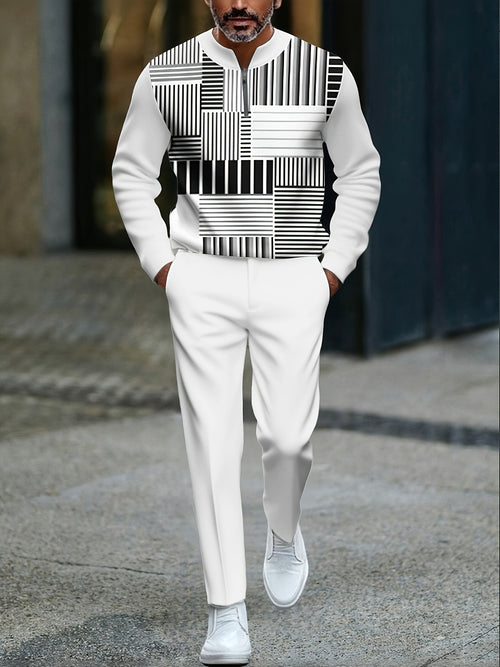 Men's Casual Black And White Color Matching Striped Printed Round-Neck Zipper Long Sleeved Trousers Two-Piece Set