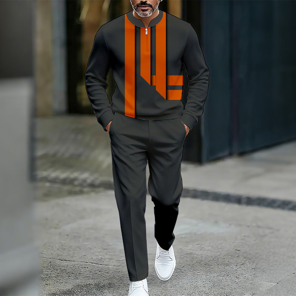 Men's Casual Color Matching Printed Round-Neck Zipper Long Sleeved Trousers Two-Piece Set
