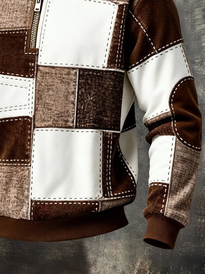 Men's Retro Color Block Print Color-Blocked Zip-Up Sweatshirt