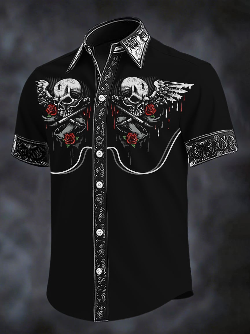 Men's Retro Western Print Short Sleeve Shirt