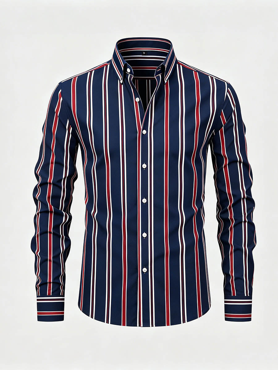 Men's Navy Blue & Red Color Matching Striped Printed Long Sleeve Shirt