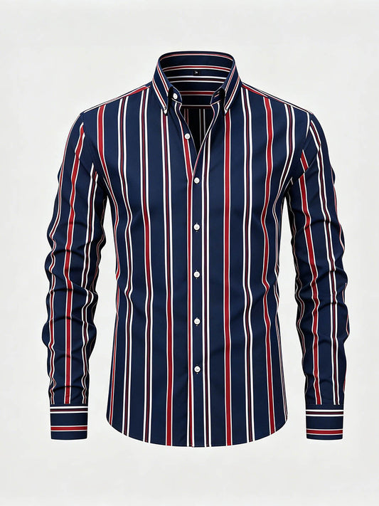 Men's Navy Blue & Red Color Matching Striped Printed Long Sleeve Shirt
