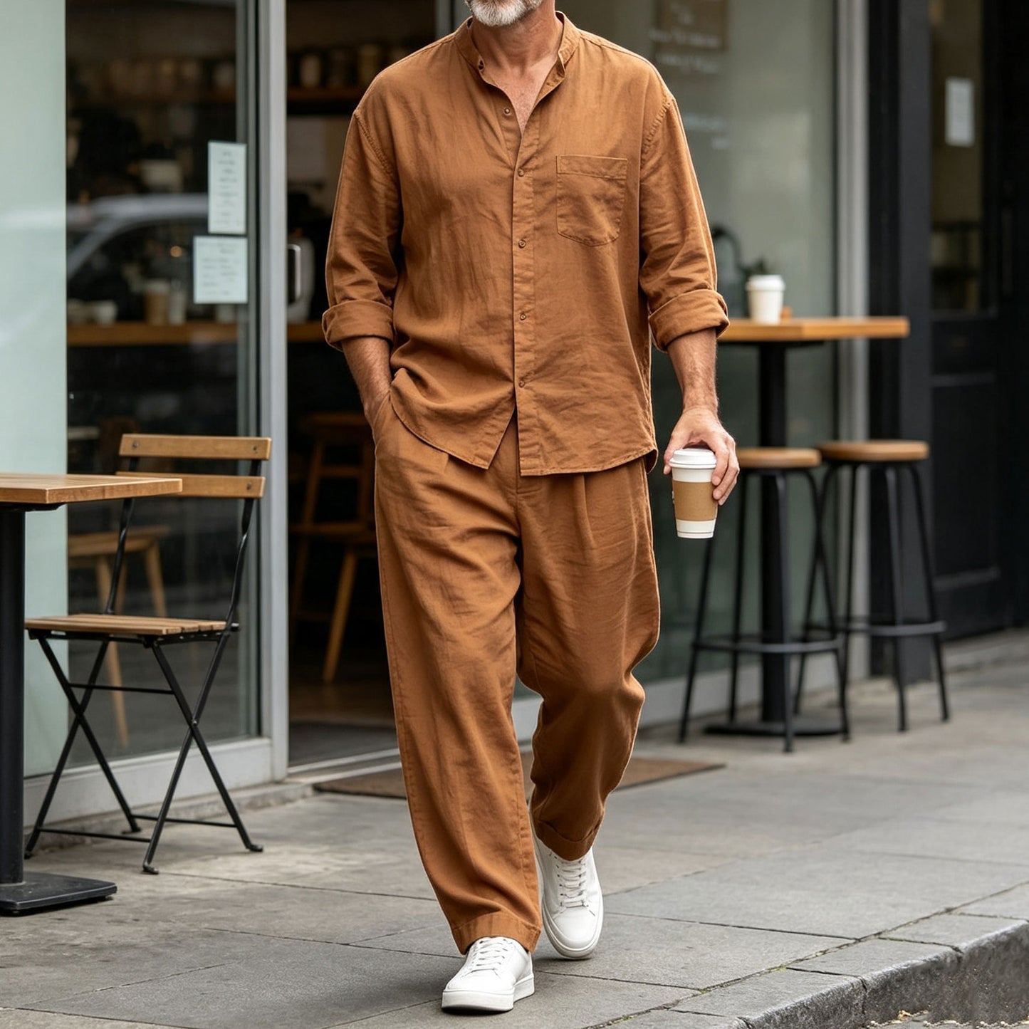Men's Solid-Color Stand-Collar Long-Sleeve Shirt and Pants Set