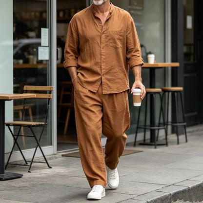 Men's Solid-Color Stand-Collar Long-Sleeve Shirt and Pants Set