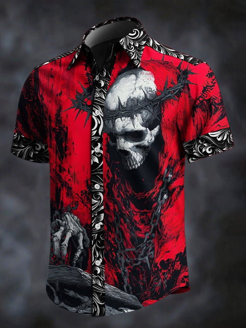 Men's Retro Skull Print Lapel Short Sleeve Shirt