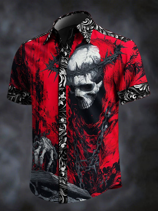Men's Retro Skull Print Lapel Short Sleeve Shirt