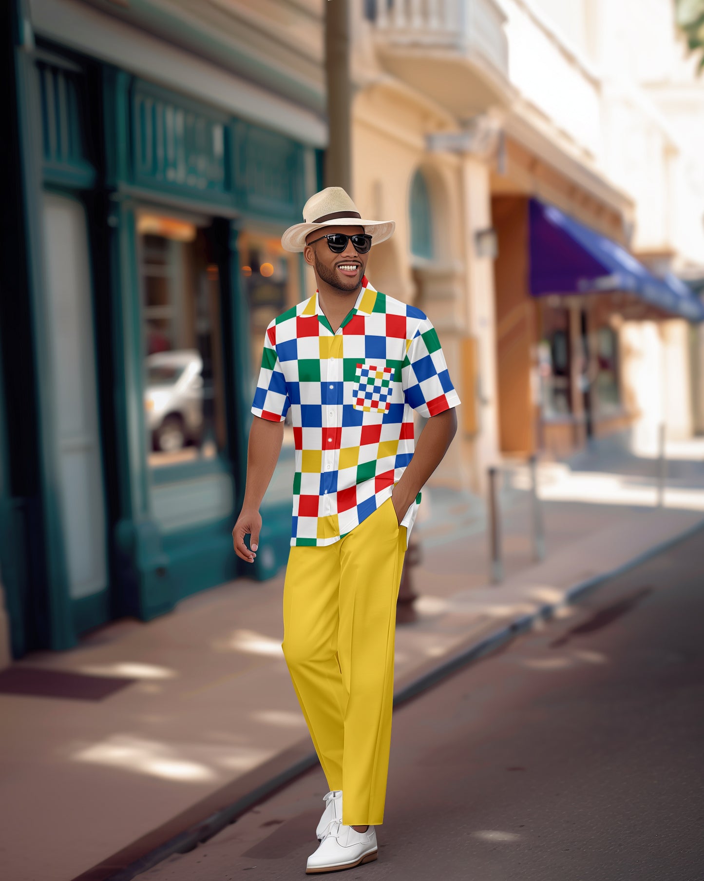 Men's Retro Colorblock Short Sleeve Shirt Walking Suit 1153