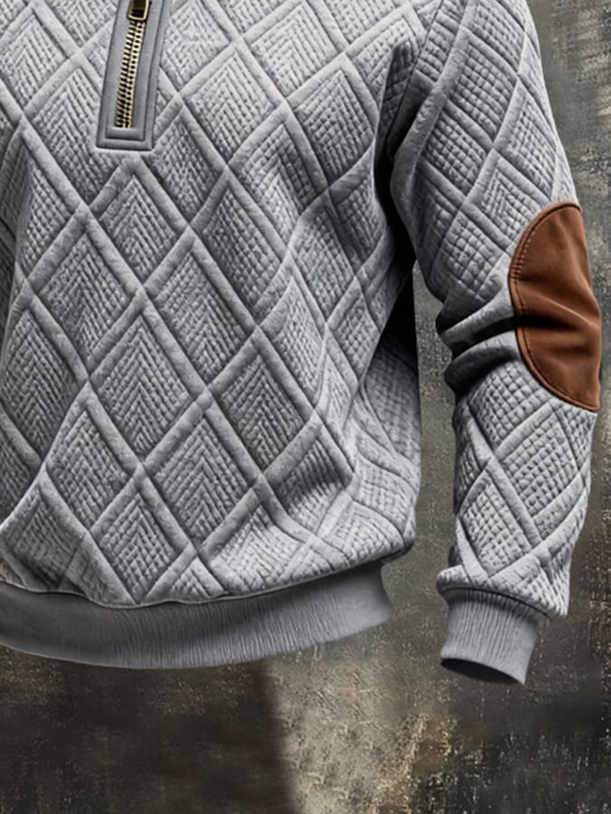 Men'S Vintage-Style Textured Patchwork Color-Block Long-Sleeved Sweatshirt