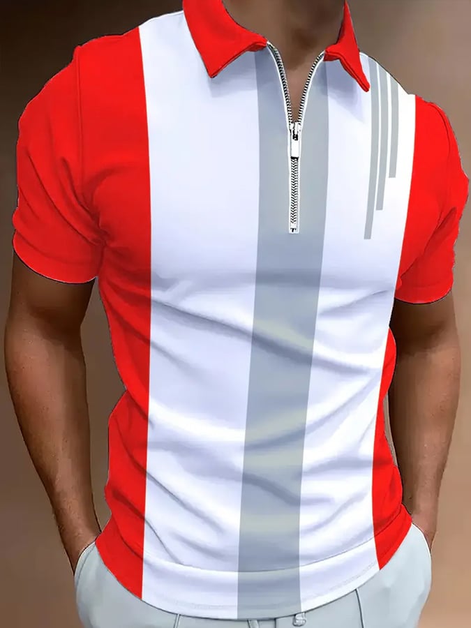 Men's Casual Color Block Zip-Up Polo Shirt