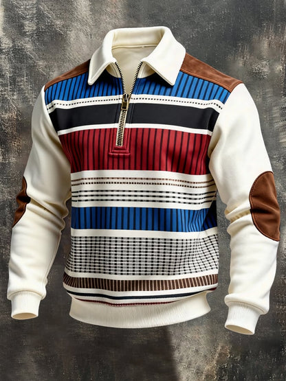 Men's Retro Color Block Print Color-Blocked Zip-Up Sweatshirt