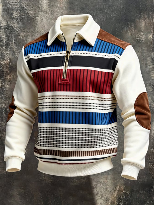 Men's Retro Color Block Print Color-Blocked Zip-Up Sweatshirt