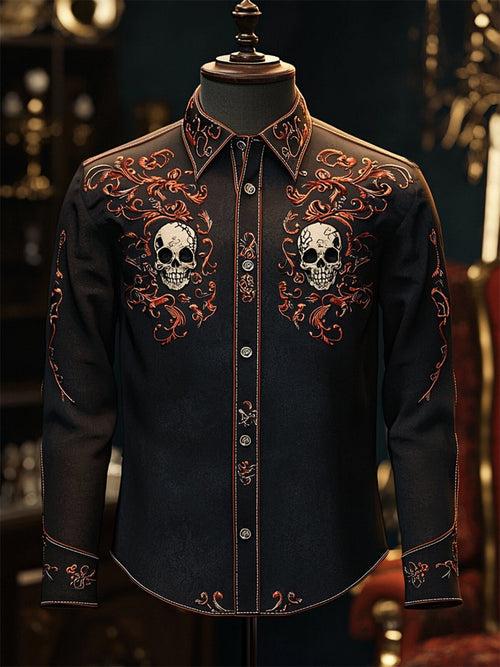 Men's Retro Casual Skull Print Long Sleeve Shirt