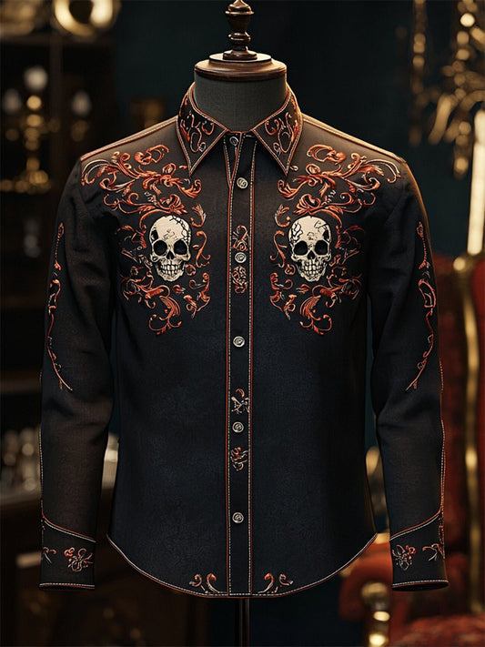 Men's Retro Casual Skull Print Long Sleeve Shirt