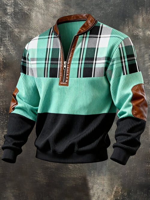 Men's Vintage Color-Block Printed Zip-Up Hoodie